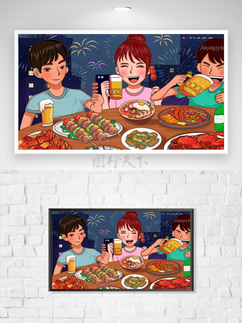 卡通啤酒撸串烧烤龙虾美食海报
