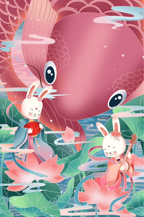 2023年中国国风古风年年有鱼春节荷花兔子插画
