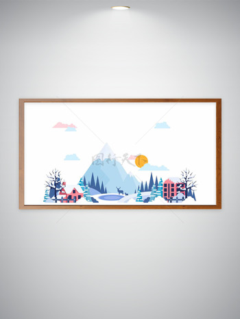 扁平卡通雪山乡村风光建筑创意插画