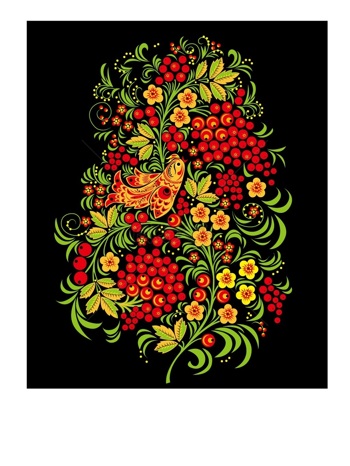 传统 欧式俄式 花卉图案背景贴图 黑底黄鸟红果串