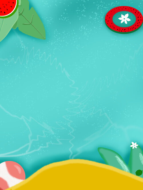夏几何纹理手绘插画设计绿植西瓜泳圈元素