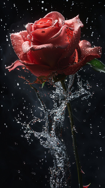 黑夜一朵红玖瑰水花飞溅图片