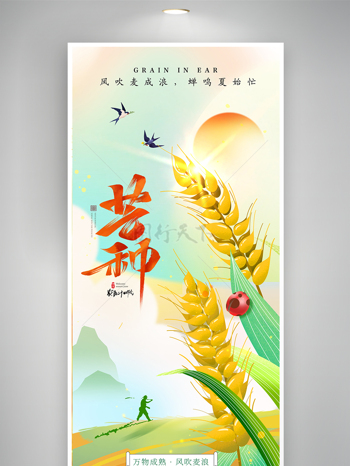 芒种节气麦子插画海报丰收的季节农忙海报