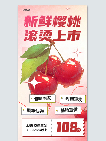 粉色系列手绘樱桃水果促销宣传海报