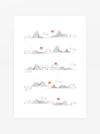中国风水墨山峰红日祥云纹线条