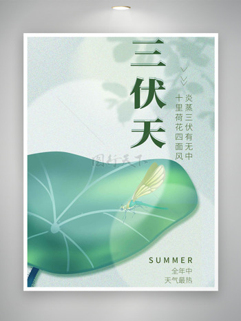 简约文艺绿色荷叶插画三伏天节气海报