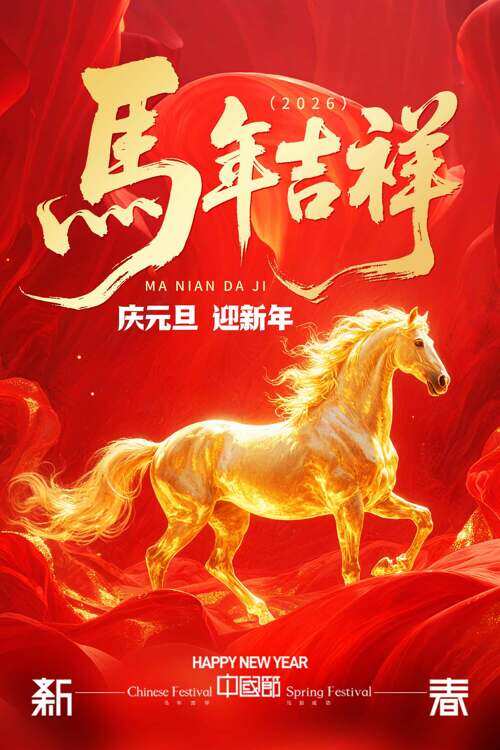马年吉祥金马奔驰红色喜庆氛围节日海报