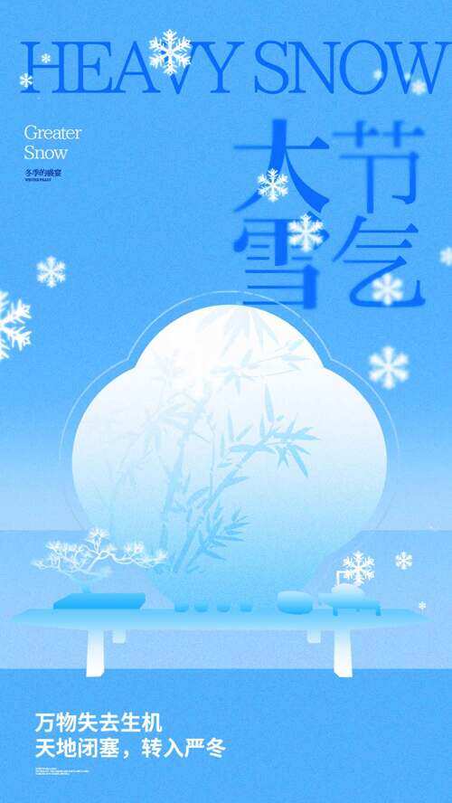 大雪节气简约蓝色背景雪花图案海报